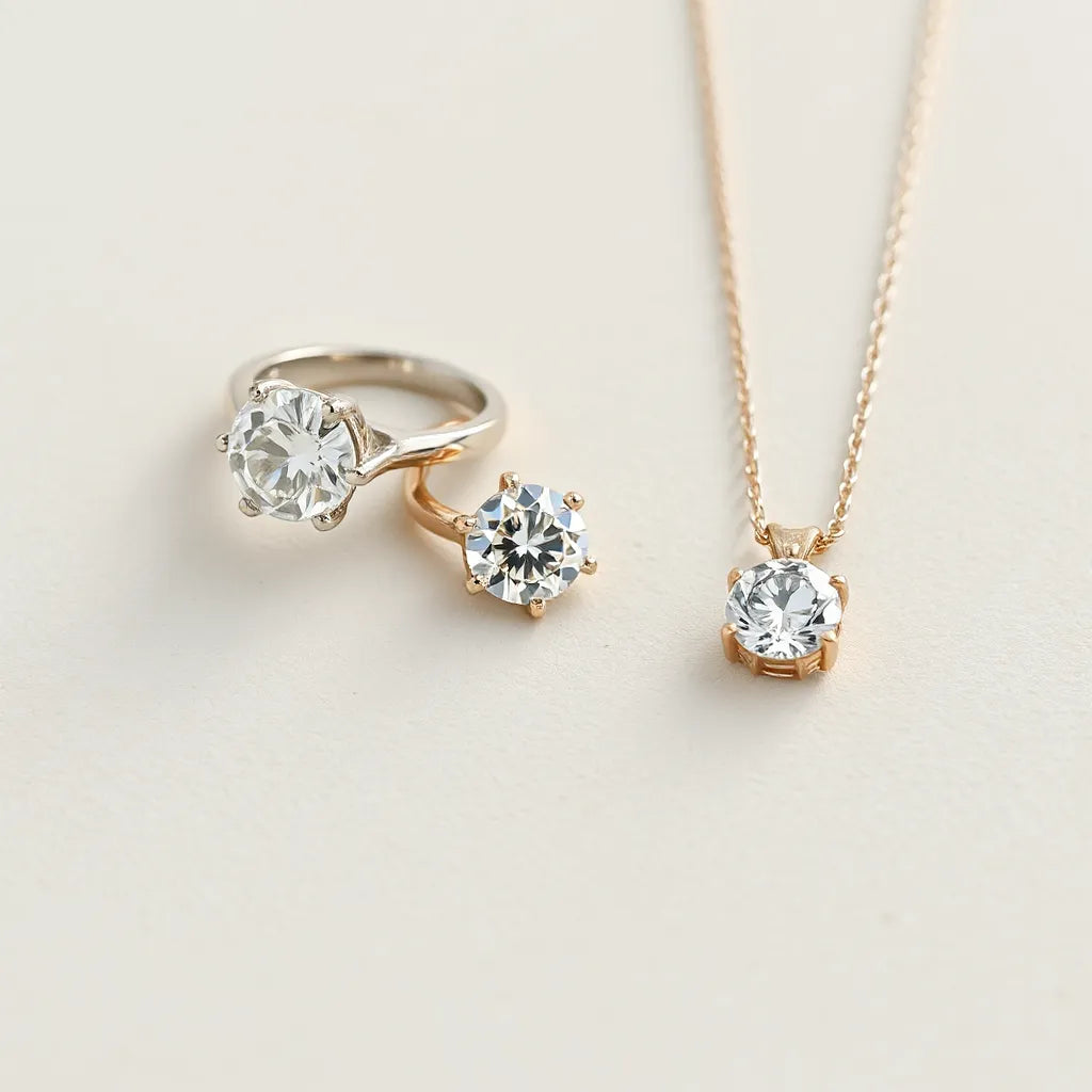 Modern pırlanta yüzük ve zarif pırlanta kolye, yumuşak nötr zemin üzerinde ışıltılı detaylarla.